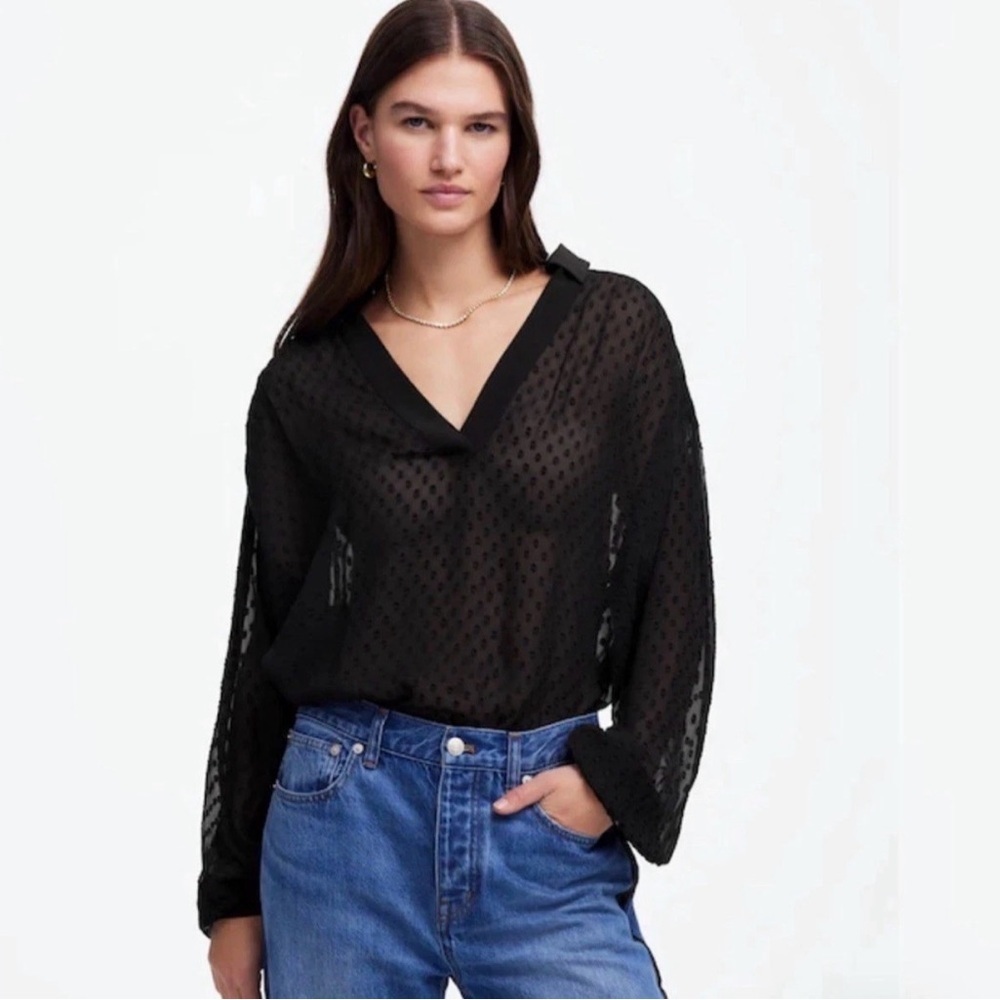 NWT Madewell Black Sheer Blouse Polka Dot Balloon Sleeve V-Neck Relaxed Fit XS
